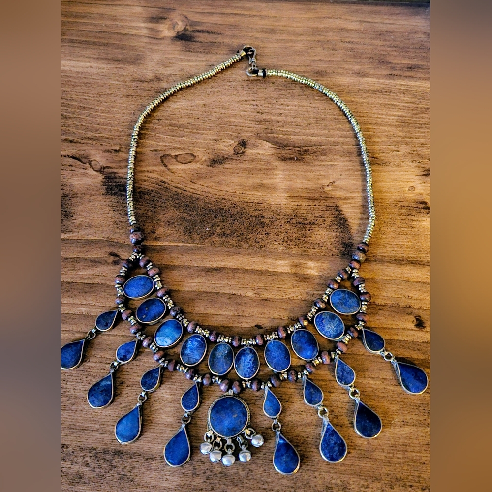 - Handmade Lapis Lazuli, wooden beaded necklace Afghan necklace
